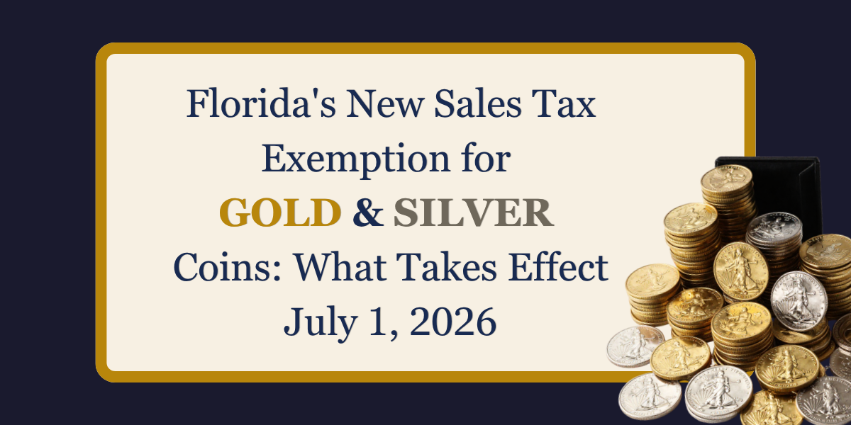Graphic illustrating Florida's new sales tax exemption for qualifying gold and silver coins effective July 1, 2026, with stacks of gold and silver bullion coins representing Florida's legal tender exemption.