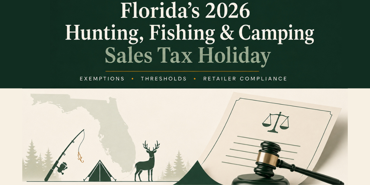 Florida's 2026 Hunting, Fishing, and Camping Sales Tax Holiday showing outdoor recreation equipment, Florida sales tax exemptions, and retailer compliance considerations under Florida Department of Revenue guidance.